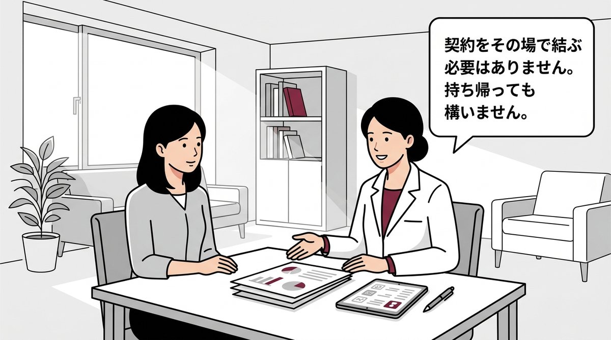 大美会クリニックの無料カウンセリングはその場で契約せず持ち帰ってもよいことを示す図解