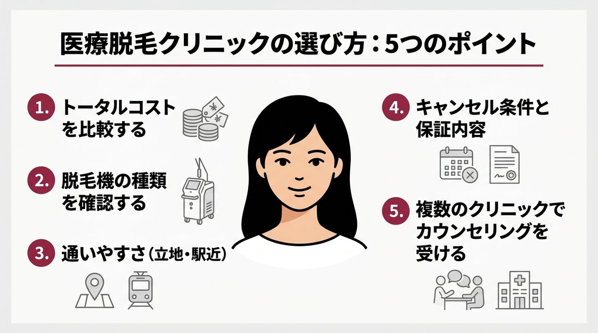 医療脱毛クリニックの選び方5つのポイントの図解
